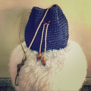 Boho drawstring bucket bag eggplant purple natural